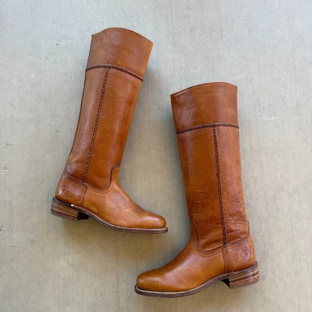 Vintage 70s Frye Campus Riding Boots Cognac Leather USA Womens 8.5 B Tall